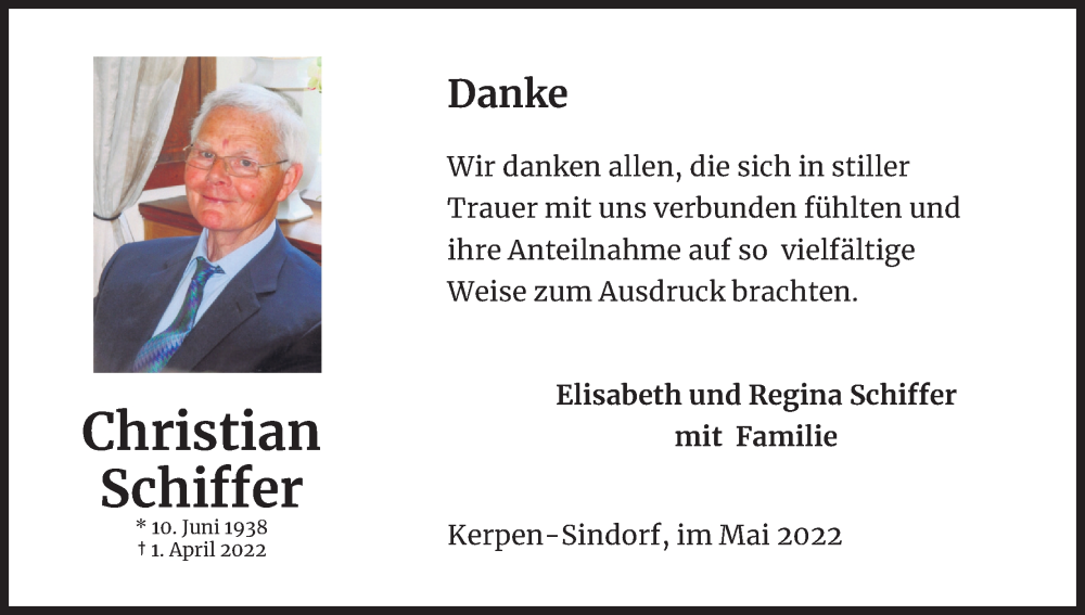  Traueranzeige für Christian Schiffer vom 14.05.2022 aus Kölner Stadt-Anzeiger / Kölnische Rundschau / Express