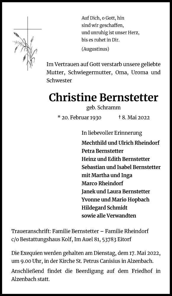  Traueranzeige für Christine Bernstetter vom 13.05.2022 aus Kölner Stadt-Anzeiger / Kölnische Rundschau / Express