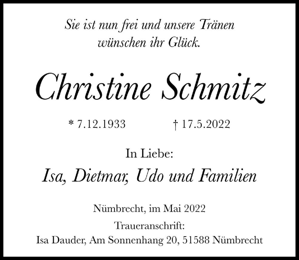  Traueranzeige für Christine Schmitz vom 20.05.2022 aus  Lokalanzeiger 