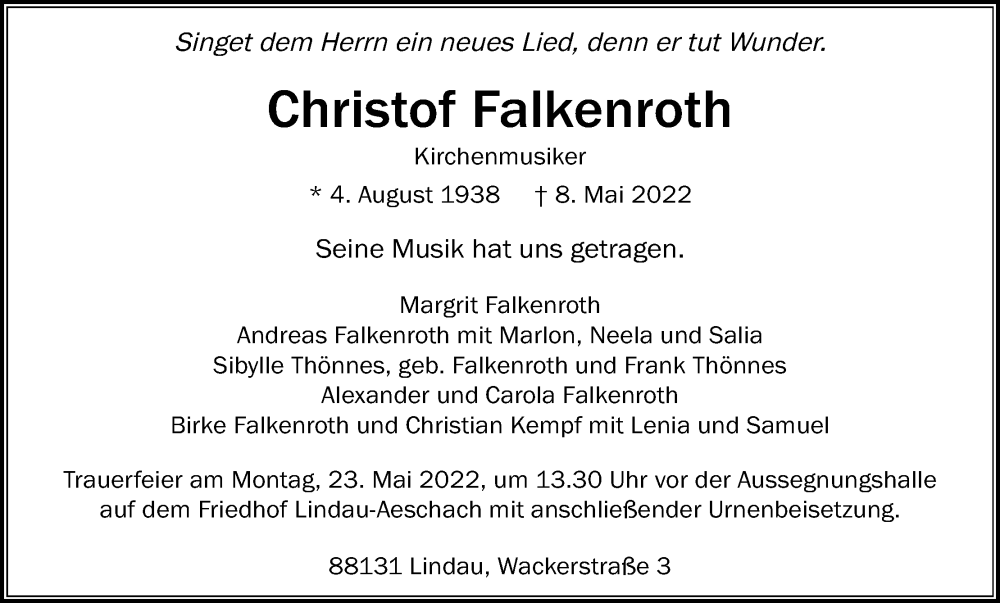  Traueranzeige für Christof Falkenroth vom 18.05.2022 aus Kölner Stadt-Anzeiger / Kölnische Rundschau / Express
