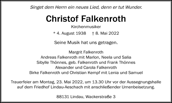 Anzeige von Christof Falkenroth von Kölner Stadt-Anzeiger / Kölnische Rundschau / Express