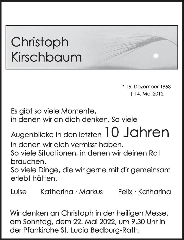  Traueranzeige für Christoph Kirschbaum vom 20.05.2022 aus  Werbepost 