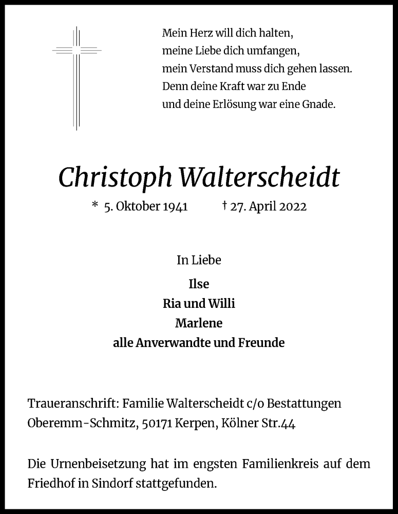  Traueranzeige für Christoph Walterscheidt vom 14.05.2022 aus Kölner Stadt-Anzeiger / Kölnische Rundschau / Express