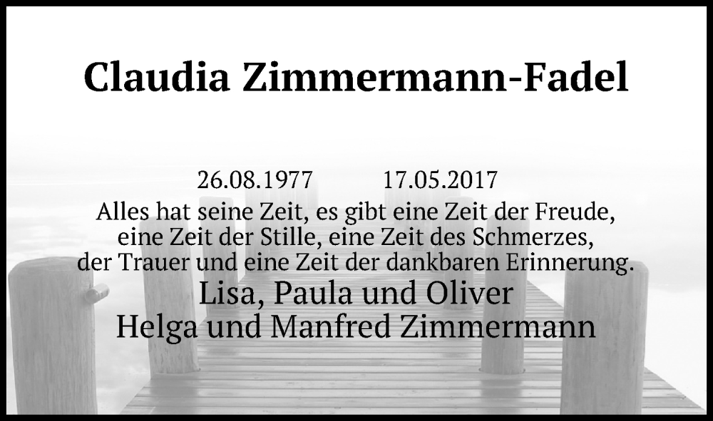  Traueranzeige für Claudia Zimmermann-Fadel vom 18.07.2023 aus Kölner Stadt-Anzeiger / Kölnische Rundschau / Express