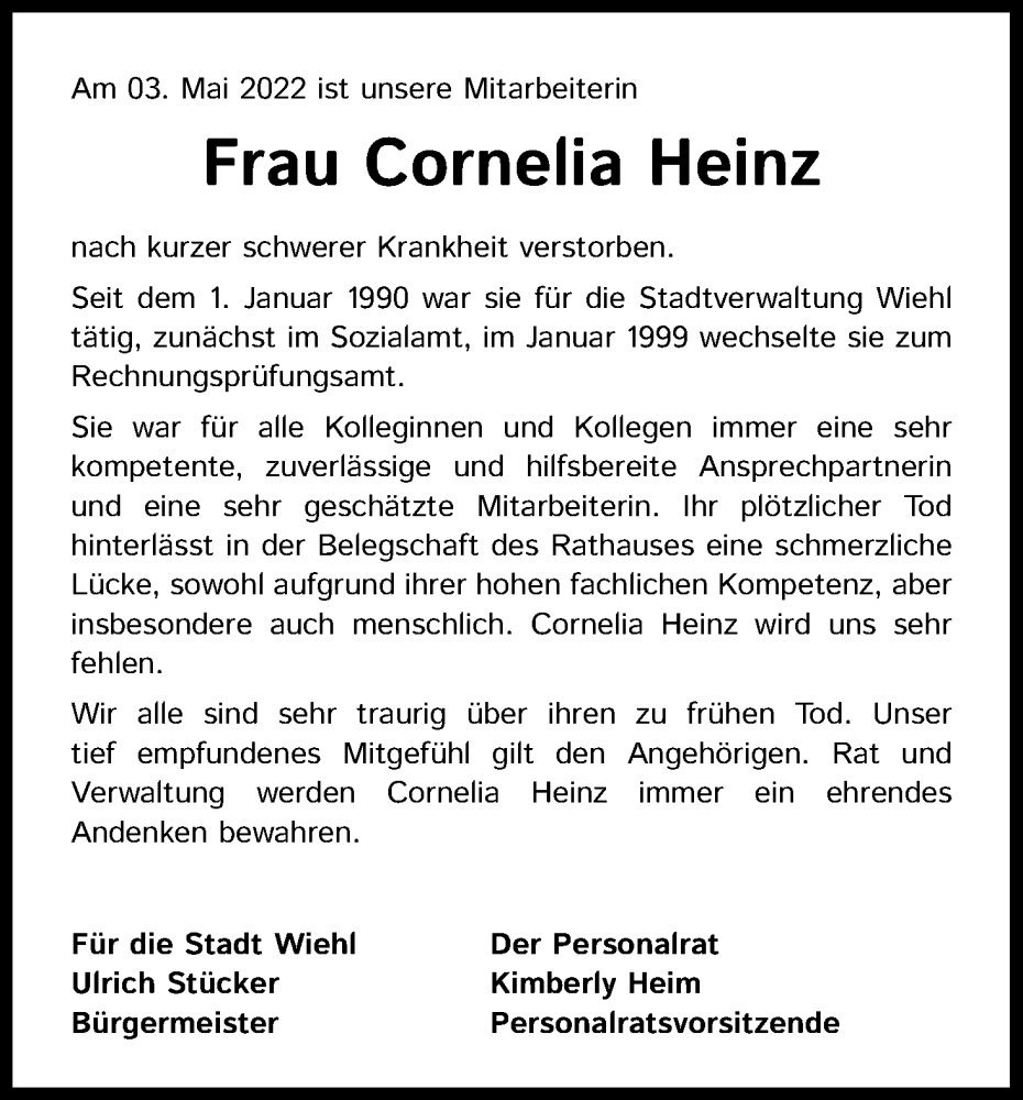  Traueranzeige für Cornelia Heinz vom 17.05.2022 aus Kölner Stadt-Anzeiger / Kölnische Rundschau / Express