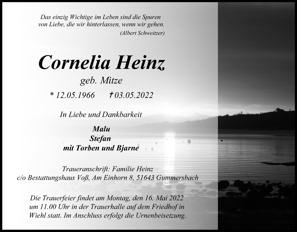  Traueranzeige für Cornelia Heinz vom 14.05.2022 aus Kölner Stadt-Anzeiger / Kölnische Rundschau / Express
