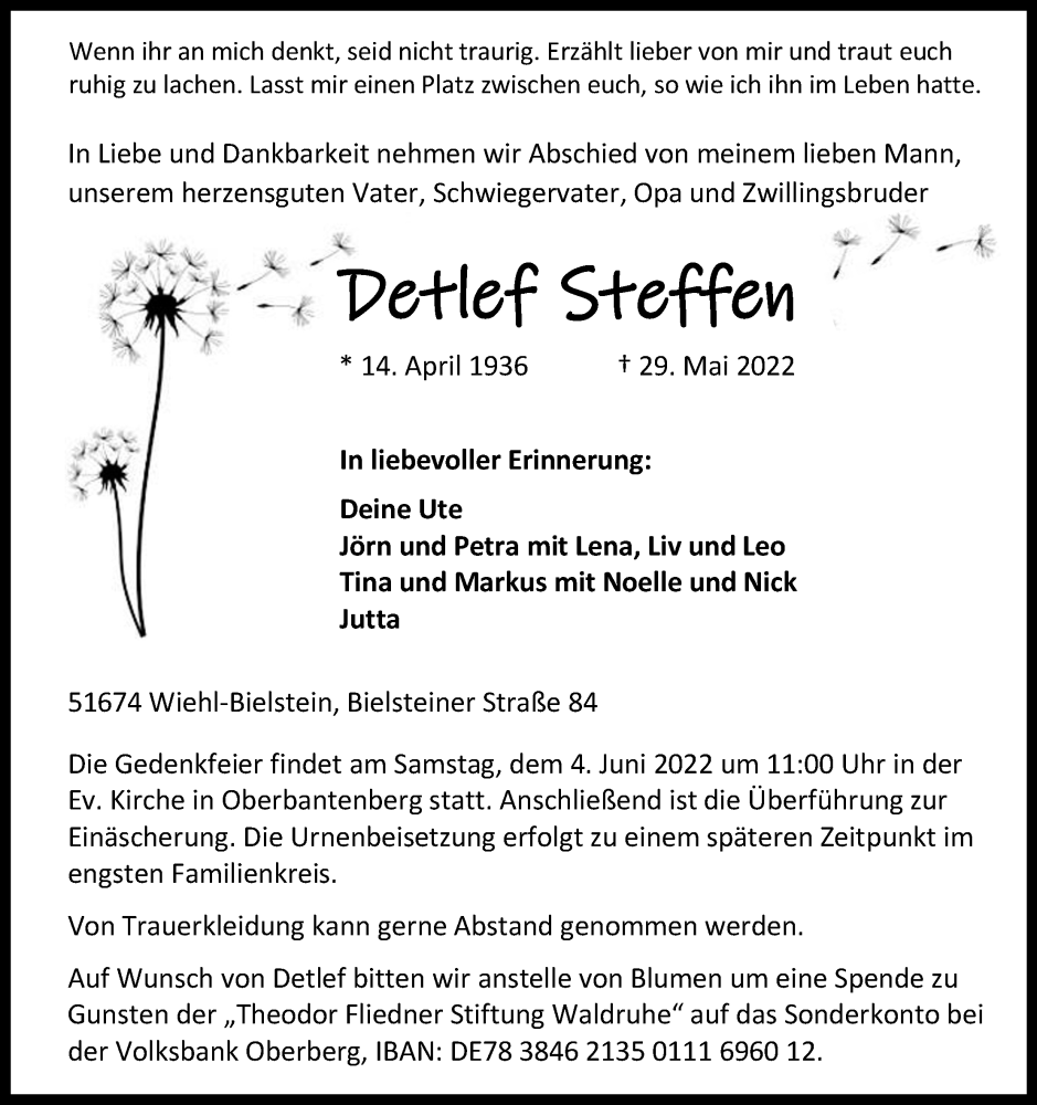  Traueranzeige für Detlef Steffen vom 01.06.2022 aus Kölner Stadt-Anzeiger / Kölnische Rundschau / Express
