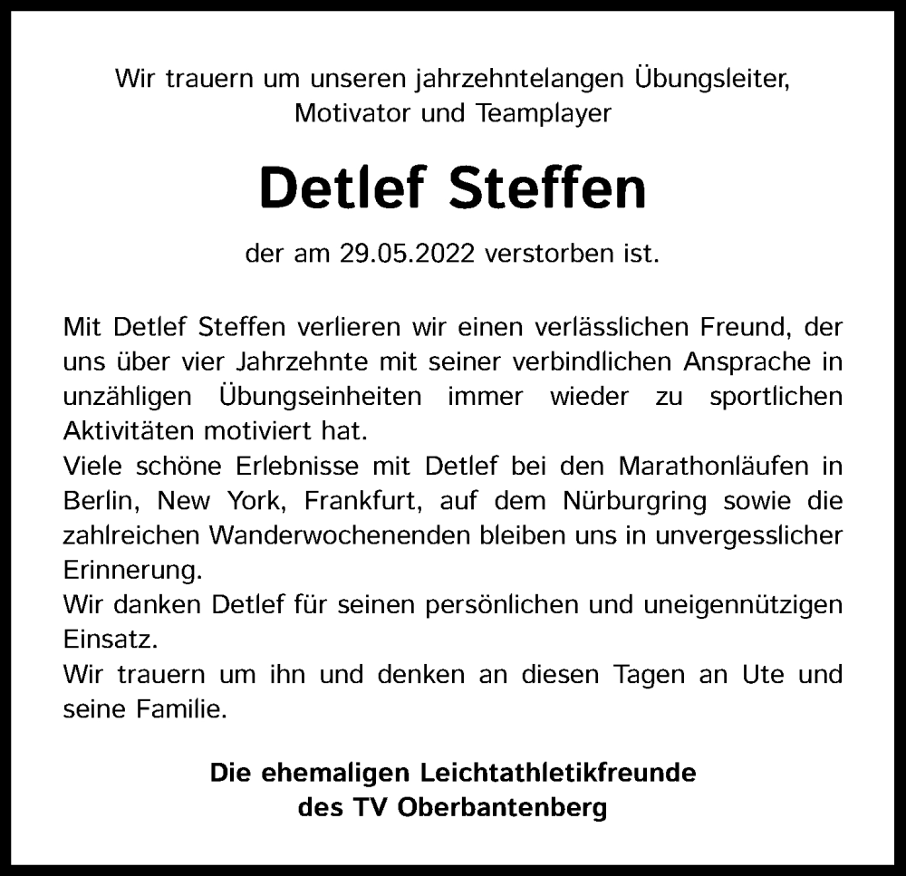  Traueranzeige für Detlef Steffen vom 01.06.2022 aus Kölner Stadt-Anzeiger / Kölnische Rundschau / Express