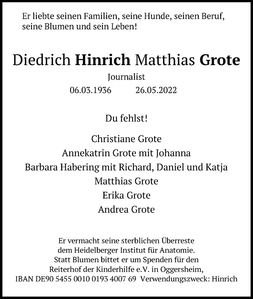  Traueranzeige für Diedrich Hinrich Matthias Grote vom 28.05.2022 aus Kölner Stadt-Anzeiger / Kölnische Rundschau / Express