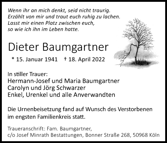 Anzeige von Dieter Baumgartner von Kölner Stadt-Anzeiger / Kölnische Rundschau / Express