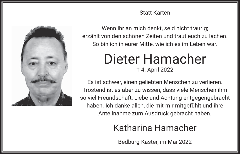  Traueranzeige für Dieter Hamacher vom 20.05.2022 aus  Werbepost 