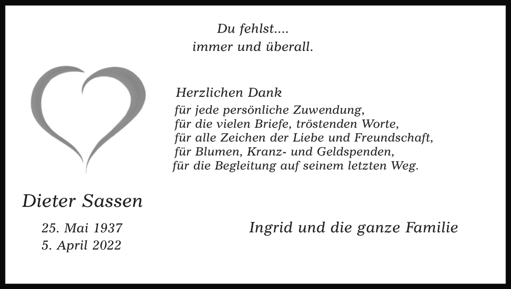  Traueranzeige für Dieter Sassen vom 07.05.2022 aus Kölner Stadt-Anzeiger / Kölnische Rundschau / Express