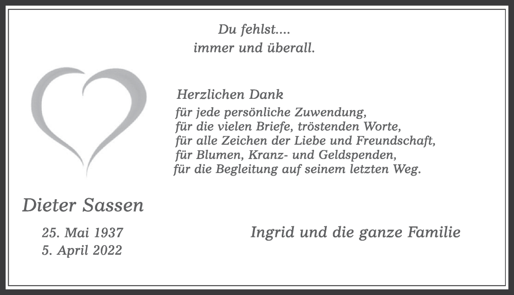  Traueranzeige für Dieter Sassen vom 06.05.2022 aus  Werbepost 