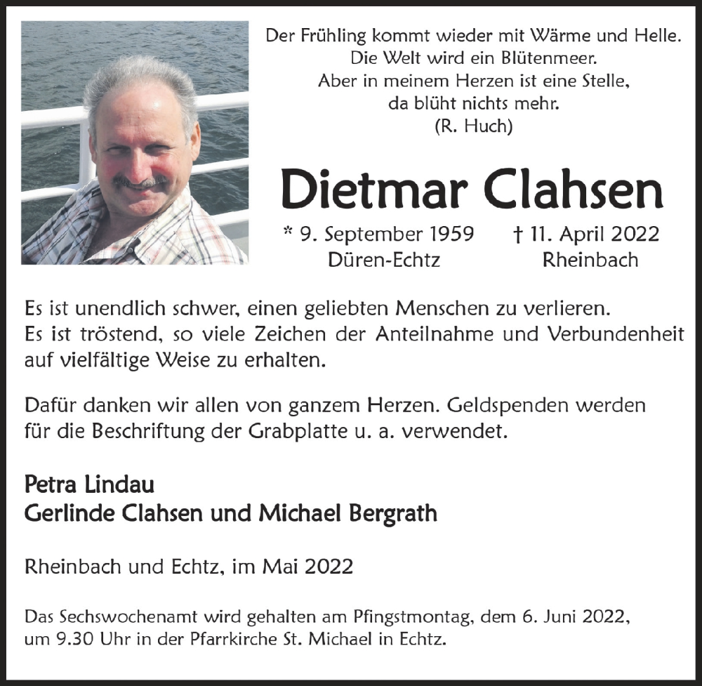  Traueranzeige für Dietmar Clahsen vom 20.05.2022 aus  Schaufenster/Blickpunkt 