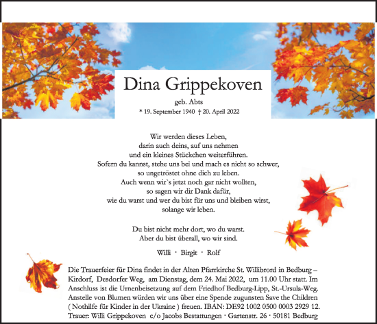 Anzeige von Dina Grippekoven von  Werbepost 