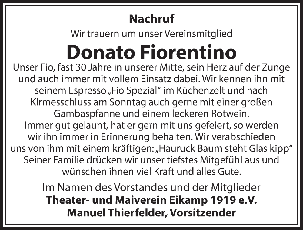  Traueranzeige für Donato Fiorentino vom 13.05.2022 aus  Bergisches Handelsblatt 