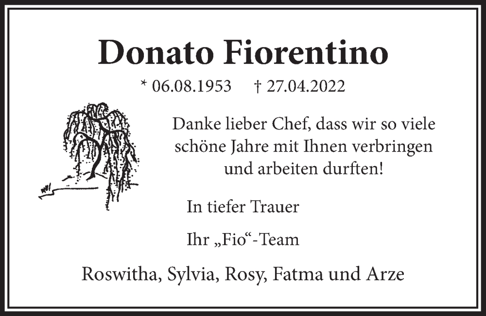 Traueranzeige für Donato Fiorentino vom 06.05.2022 aus  Bergisches Handelsblatt 