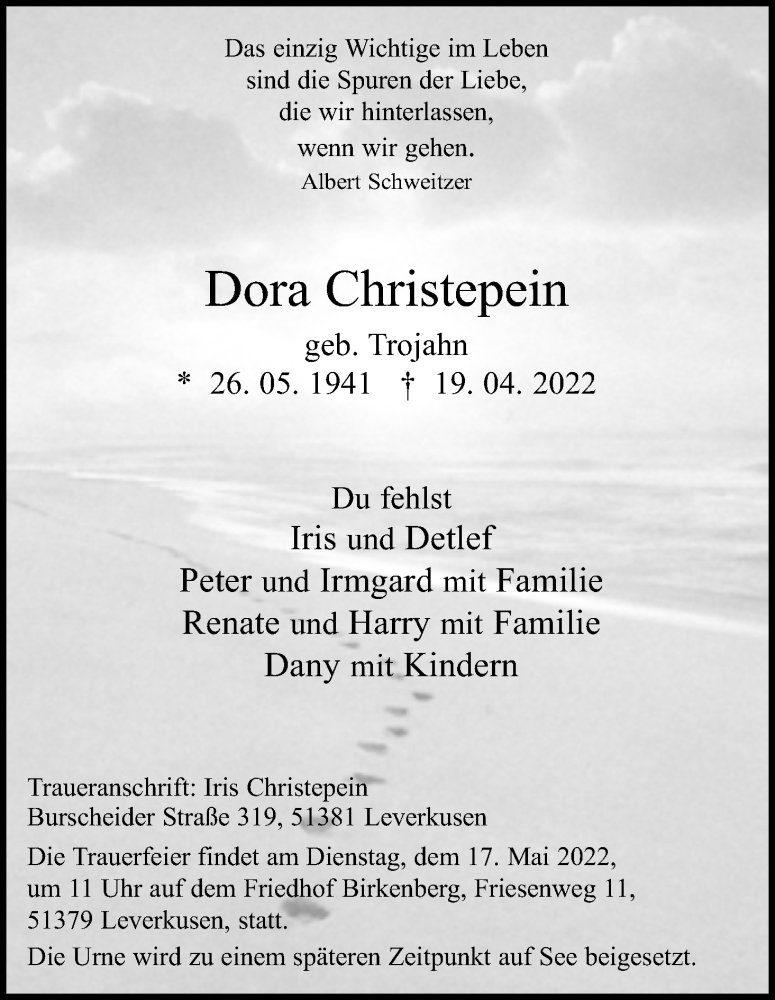  Traueranzeige für Dora Christepein vom 14.05.2022 aus Kölner Stadt-Anzeiger / Kölnische Rundschau / Express