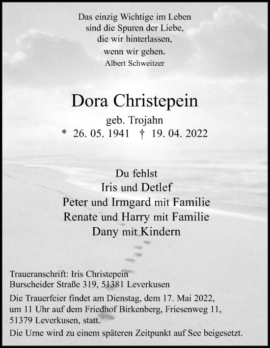 Anzeige von Dora Christepein von Kölner Stadt-Anzeiger / Kölnische Rundschau / Express