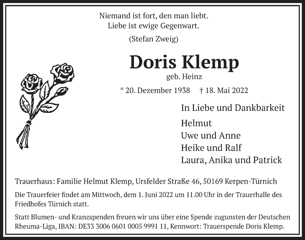  Traueranzeige für Doris Klemp vom 27.05.2022 aus  Werbepost 