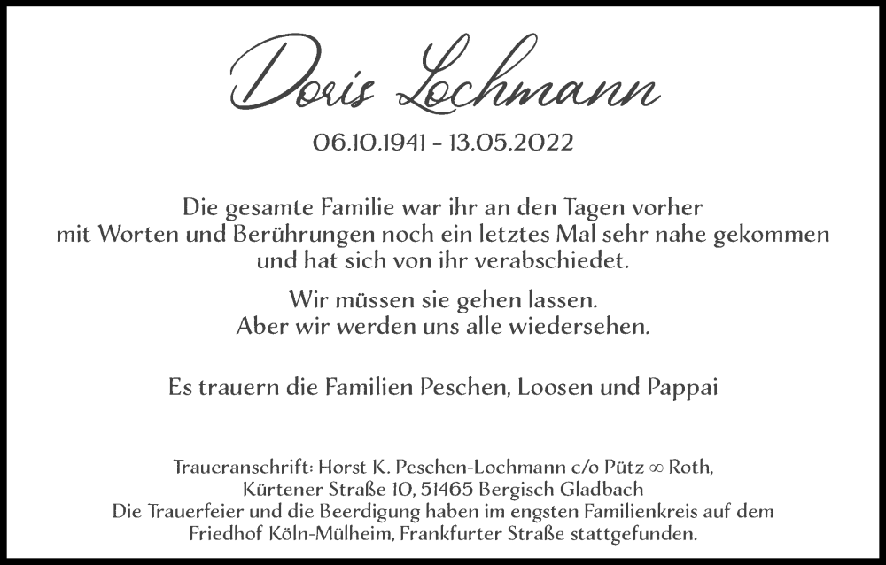  Traueranzeige für Doris Lochmann vom 28.05.2022 aus Kölner Stadt-Anzeiger / Kölnische Rundschau / Express