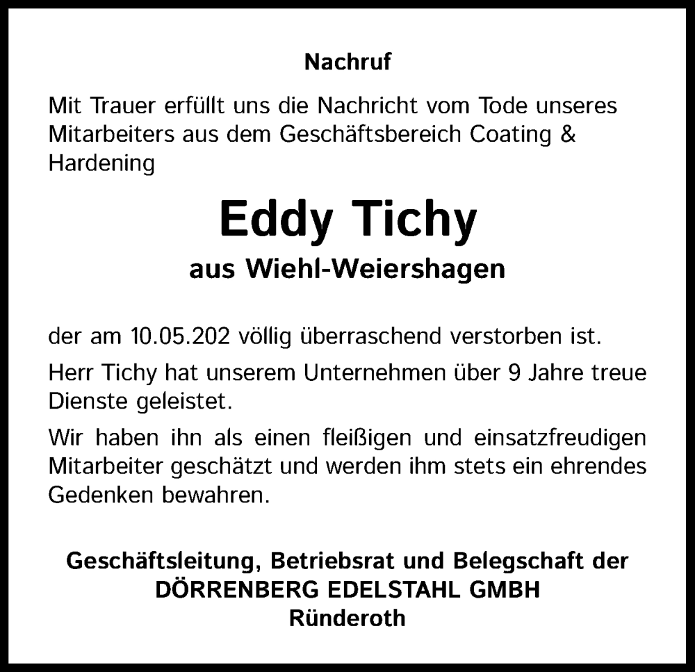  Traueranzeige für Eddy Tichy vom 23.05.2022 aus Kölner Stadt-Anzeiger / Kölnische Rundschau / Express