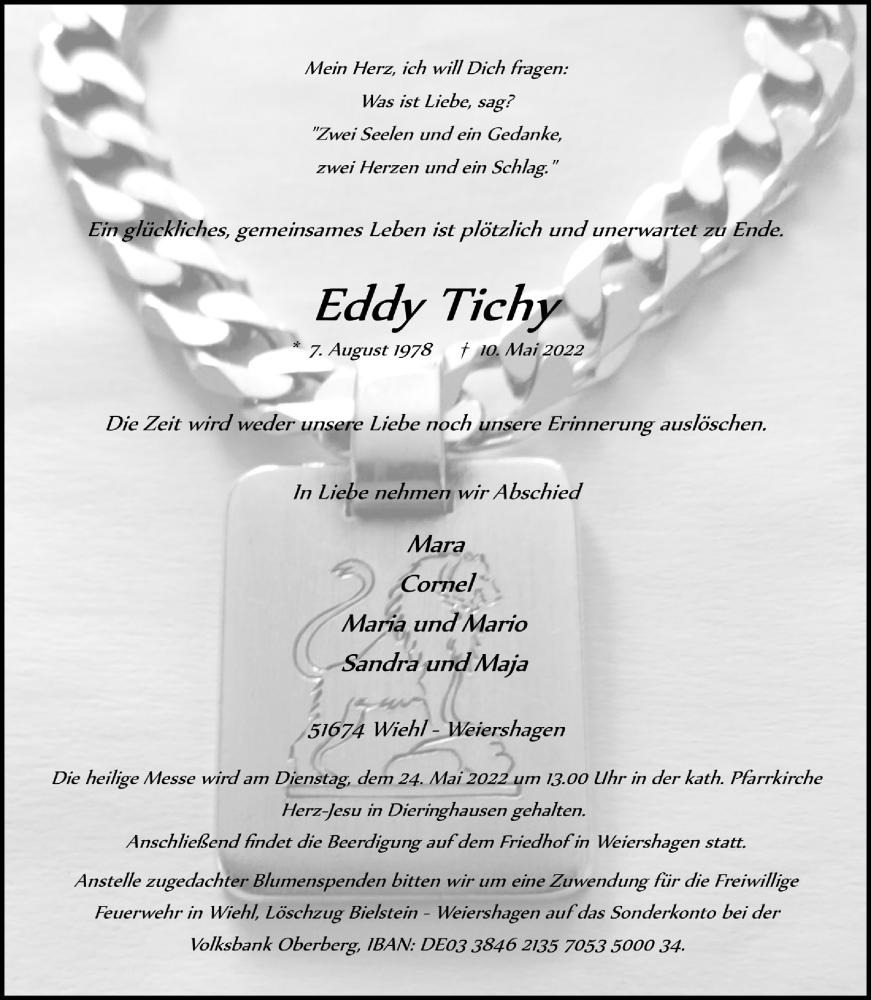 Traueranzeige für Eddy Tichy vom 20.05.2022 aus  Anzeigen Echo 
