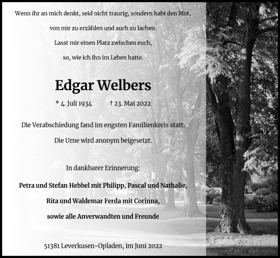 Anzeige von Edgar Welbers von Kölner Stadt-Anzeiger / Kölnische Rundschau / Express