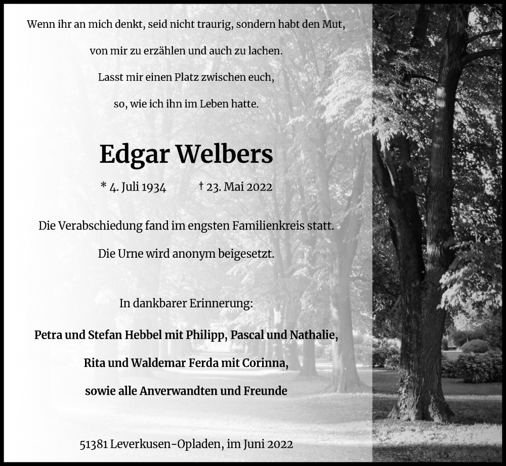  Traueranzeige für Edgar Welbers vom 01.06.2022 aus Kölner Stadt-Anzeiger / Kölnische Rundschau / Express