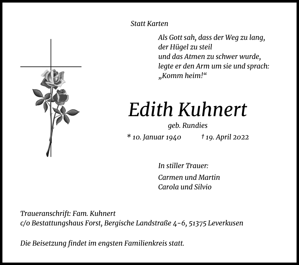  Traueranzeige für Edith Kuhnert vom 07.05.2022 aus Kölner Stadt-Anzeiger / Kölnische Rundschau / Express