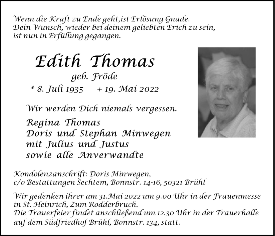 Anzeige von Edith Thomas von  Schlossbote/Werbekurier 