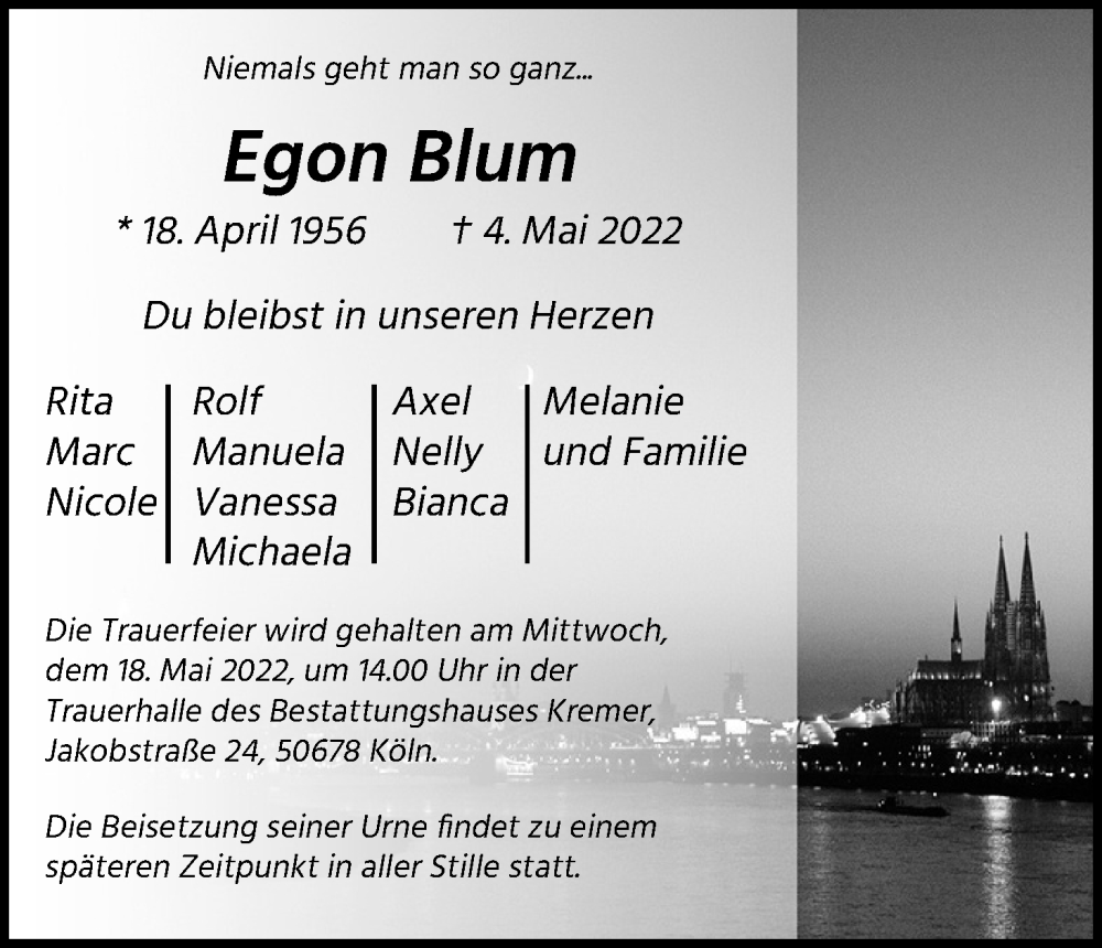 Traueranzeige für Egon Blum vom 14.05.2022 aus Kölner Stadt-Anzeiger / Kölnische Rundschau / Express