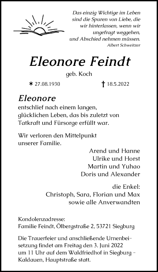 Anzeige von Eleonore Feindt von Kölner Stadt-Anzeiger / Kölnische Rundschau / Express