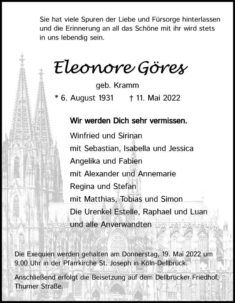  Traueranzeige für Eleonore Göres vom 14.05.2022 aus Kölner Stadt-Anzeiger / Kölnische Rundschau / Express