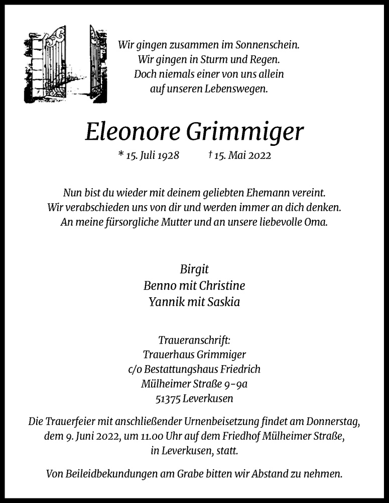  Traueranzeige für Eleonore Grimmiger vom 28.05.2022 aus Kölner Stadt-Anzeiger / Kölnische Rundschau / Express