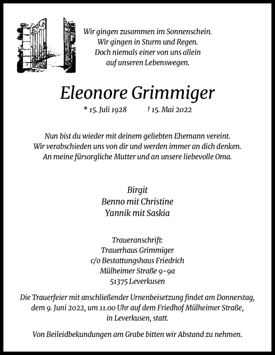 Anzeige von Eleonore Grimmiger von Kölner Stadt-Anzeiger / Kölnische Rundschau / Express