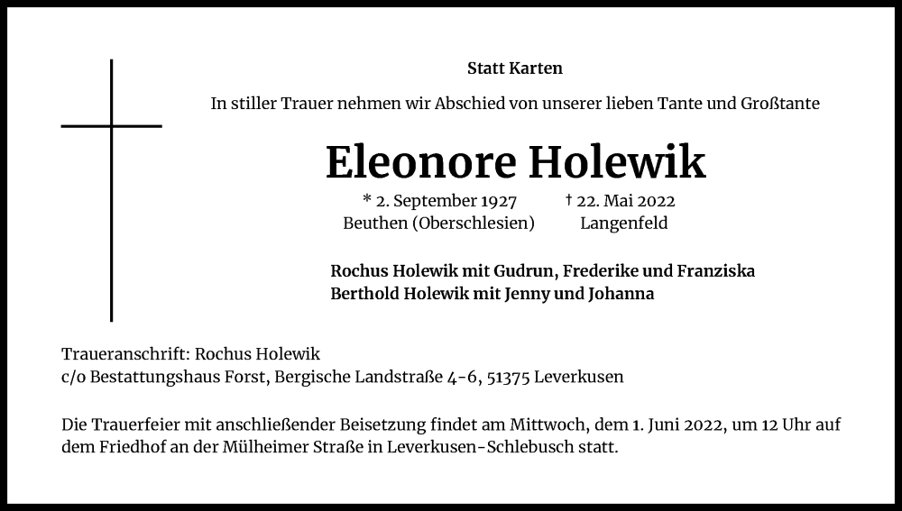 Traueranzeige für Eleonore Holewik vom 28.05.2022 aus Kölner Stadt-Anzeiger / Kölnische Rundschau / Express