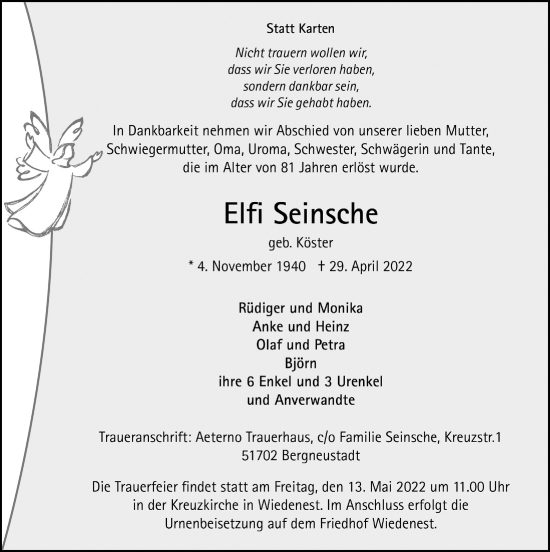 Anzeige von Elfi Seinsche von  Anzeigen Echo 