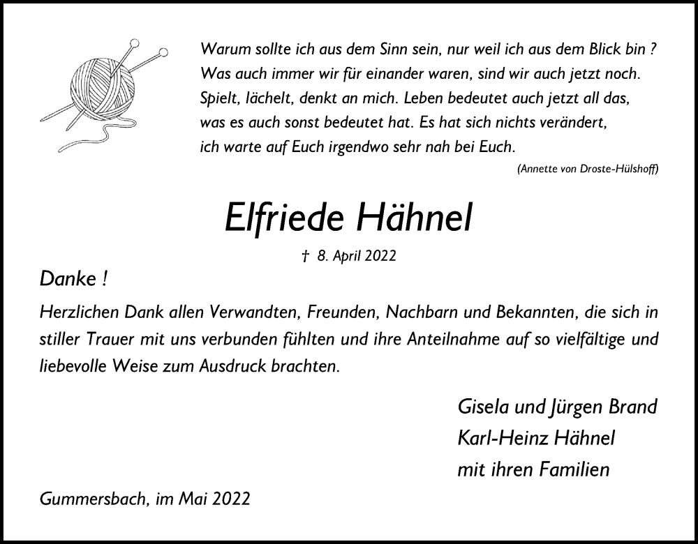  Traueranzeige für Elfriede Hähnel vom 21.05.2022 aus Kölner Stadt-Anzeiger / Kölnische Rundschau / Express