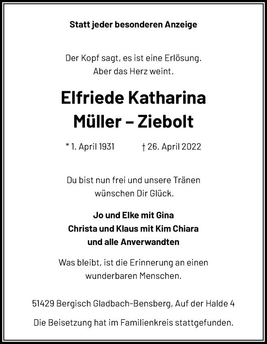 Anzeige von Elfriede Katharina Müller–Ziebolt von Kölner Stadt-Anzeiger / Kölnische Rundschau / Express