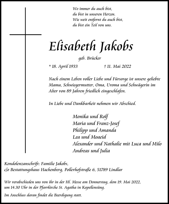 Anzeige von Elisabeth Jakobs von Kölner Stadt-Anzeiger / Kölnische Rundschau / Express