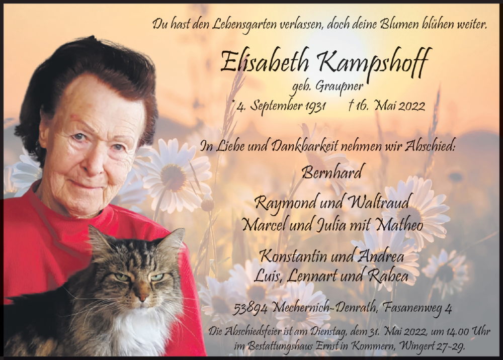 Traueranzeige für Elisabeth Kampshoff vom 21.05.2022 aus  Blickpunkt Euskirchen 