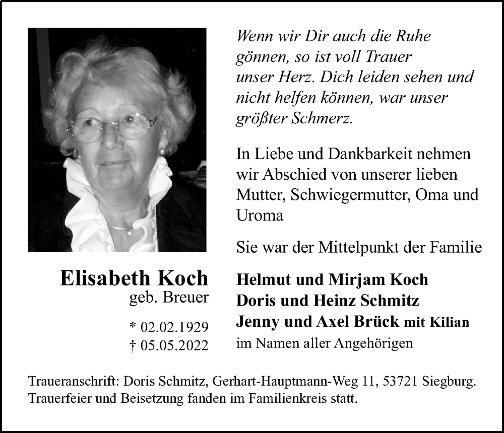  Traueranzeige für Elisabeth Koch vom 14.05.2022 aus Kölner Stadt-Anzeiger / Kölnische Rundschau / Express