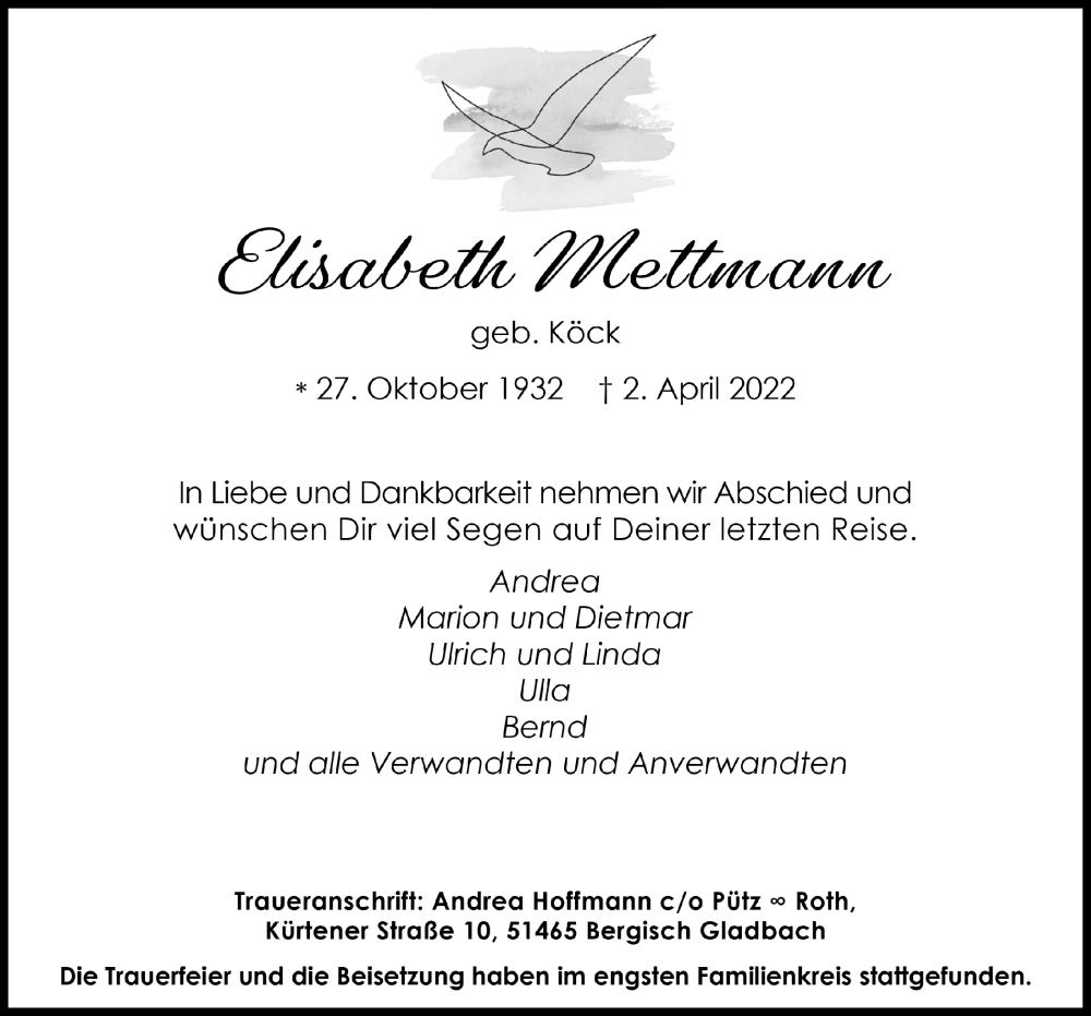  Traueranzeige für Elisabeth Mettmann vom 06.05.2022 aus  Bergisches Handelsblatt 