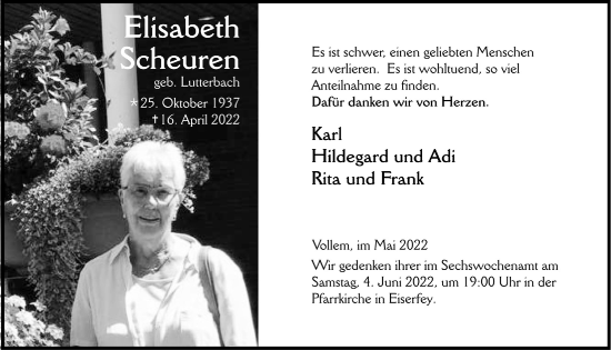 Anzeige von Elisabeth Scheuren von  Blickpunkt Euskirchen 