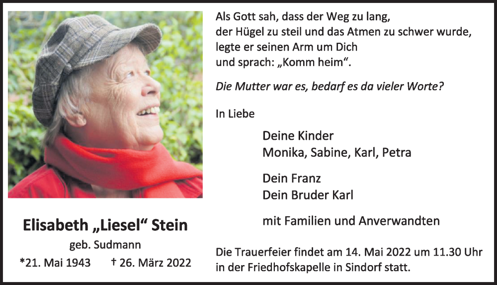  Traueranzeige für Elisabeth Stein vom 06.05.2022 aus  Werbepost 