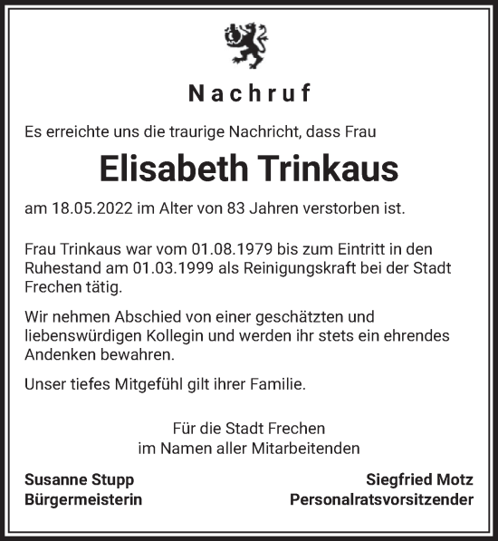 Anzeige von Elisabeth Trinkaus von  Wochenende 