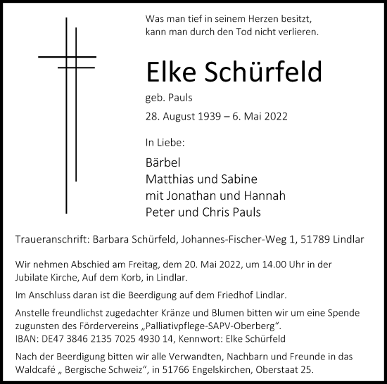 Anzeige von Elke Schürfeld von Kölner Stadt-Anzeiger / Kölnische Rundschau / Express