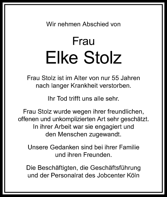 Anzeige von Elke Stolz von Kölner Stadt-Anzeiger / Kölnische Rundschau / Express