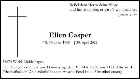 Anzeige von Ellen Casper von Kölner Stadt-Anzeiger / Kölnische Rundschau / Express